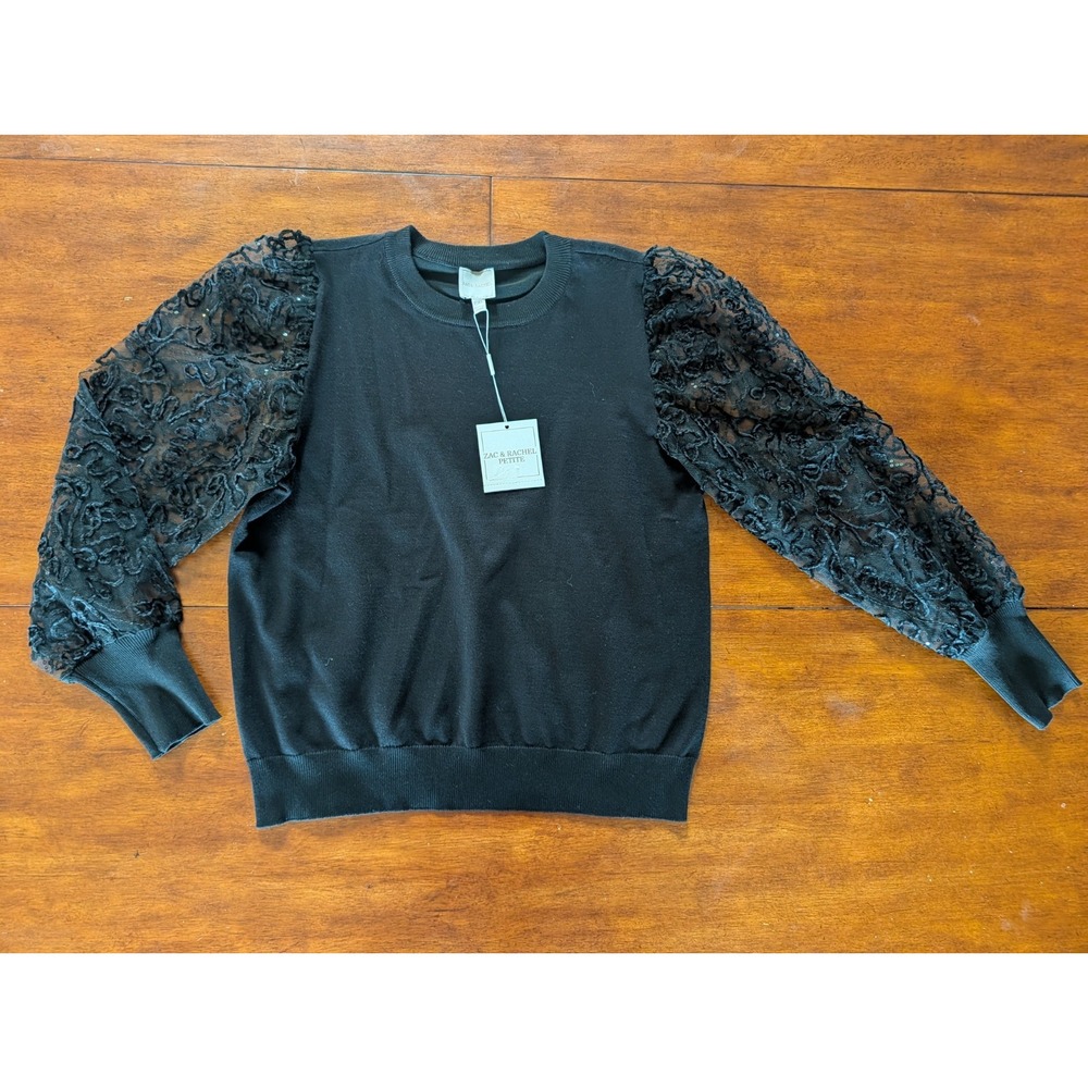 Zac & Rachel Black Pullover Sweater Sequin Velvet Sleeve PXL YT828D99N New